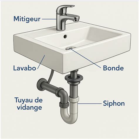 Schéma des causes d'un lavabo bouché : cheveux, savon, graisse