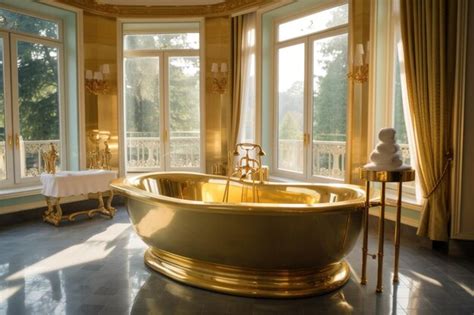 Salle de bain luxueuse avec paroi de baignoire dorée