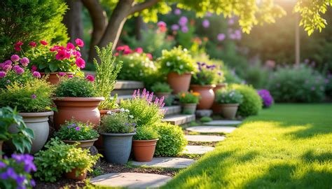 Jardin avec divers pots en tissu-ciment