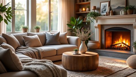 Un salon chaleureux avec de nombreux textiles et meubles rembourrés