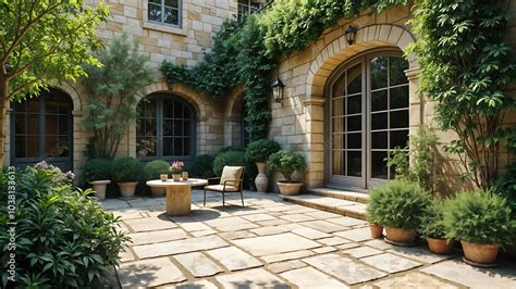 Maison en pierre avec un dallage extérieur