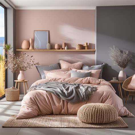 Chambre sous comble avec murs rose poudré et gris
