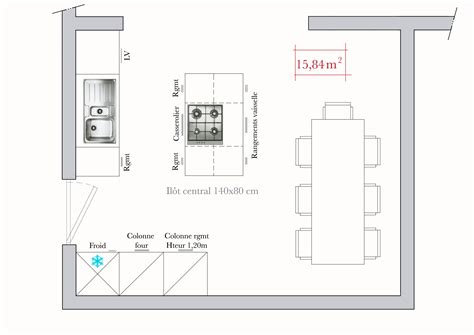 Plan d'une cuisine avec îlot central et agencement ergonomique