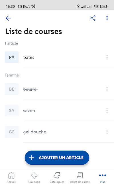 interface d'une application de liste de courses