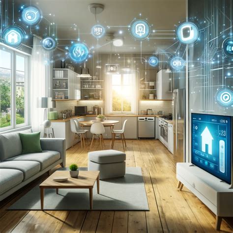 Image d'une maison connectée avec des icônes représentant le contrôle de la température, la sécurité et le réseau internet