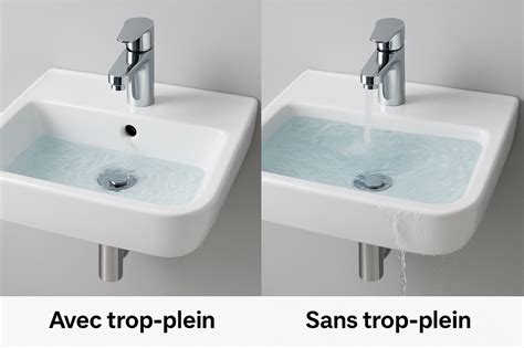 Schéma comparant un système de trop-plein traditionnel avec une tirette et un système intégré sans trop-plein