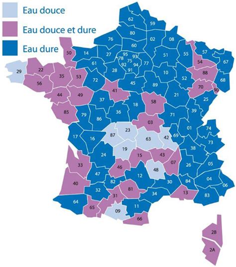 Carte de France montrant la dureté de l'eau par région