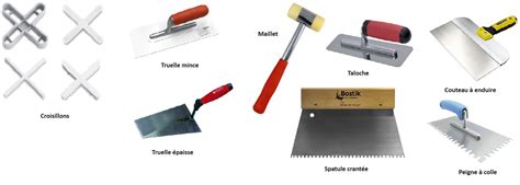 Outils pour la pose de carrelage : spatule crantée, croisillons, niveau