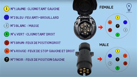 Diagramme illustrant les fonctions des 7 broches d'une prise de remorquage