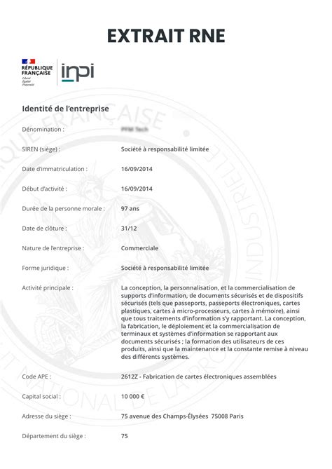 Infographie détaillant les différents champs d'information présents dans un extrait RNE.