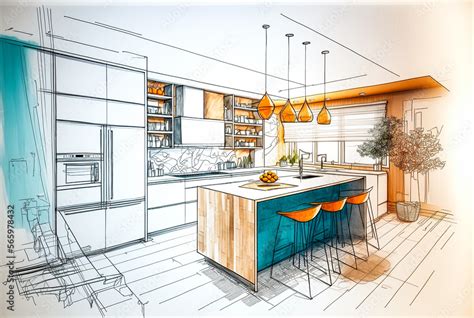 Illustration d'une cuisine moderne avec des systèmes de plomberie visibles