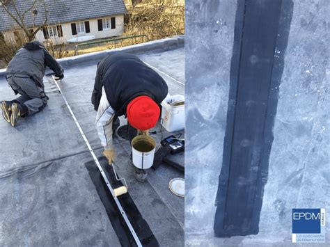 Schéma détaillé de la pose d'une membrane EPDM sur un support béton avec bande périmétrique